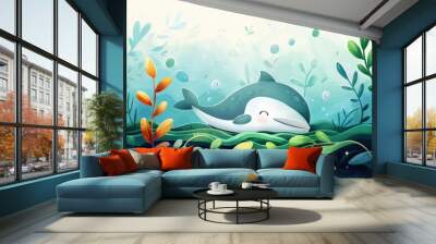 Charming illustration of baby dolphin resting amidst seaweed with sunlight in watercolor style Wall mural