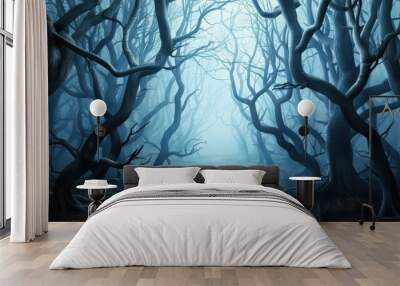 Spooky haunted forest with ghostly apparitions and twisted trees Wall mural