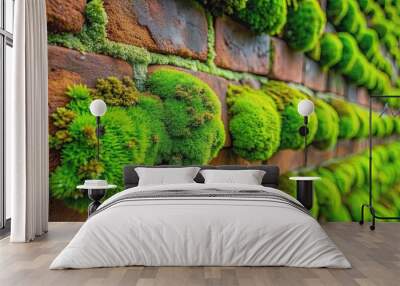 Close-up of vibrant green moss growing on a brick wall , nature, texture, green, vibrant, growth, natural, background, plant Wall mural