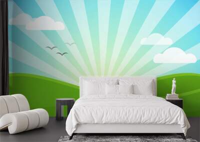 Landscape Cartoon. Sunrise in the morning and green grass fields. Wall mural