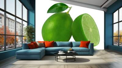 One green lemon fruit with leaf and a half isolated on white background Wall mural