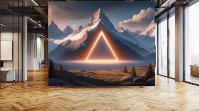 An abstract grid mountain landscape and a bright glowing neon triangle make up this synthwave style background Wall mural