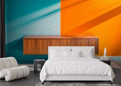 Modern Console with Empty Wall and Accessories Living room shelves Blue and orange background Wall mural