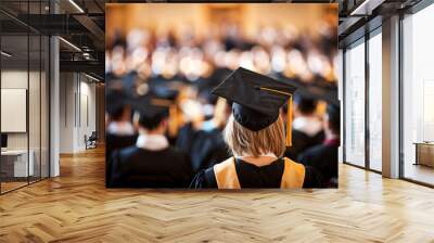 The back image of the graduates wearing a yellow tassel hat. Wall mural