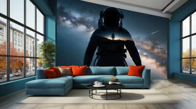 Two Astronauts In Space Facing Each Other In Front Of Earth Wall mural