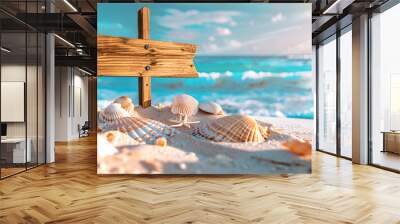 Wooden signs isolated on blurred background Wall mural