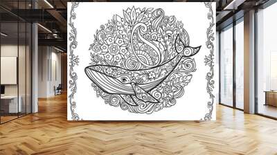 Whale mandala. Animal Vector illustration. Adult or kids coloring book page in Zen boho style. Antistress Peaceful drawing. Black and white Wall mural