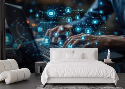 Ai, Artificial Intelligence, IoT Internet of Things concept. Business man using laptop computer on innovation technology icons on virtual screen Wall mural