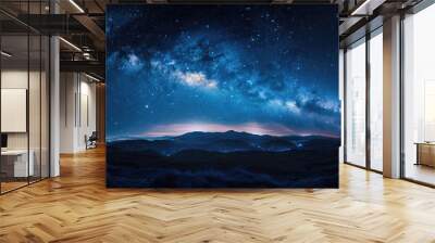 Amazing Panorama blue night sky milky way and star on dark background.Universe filled with stars, nebula and galaxy with noise and grain.Photo by long exposure and select white balance.selection focus Wall mural