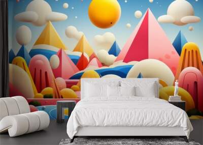 a futuristic 3d background with geometric shapes in shades with bubbles of blue, gold, white,orange, and pink Wall mural