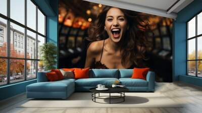 Asian girl rejoices at winning casino roulette, around her are casino visitors Wall mural