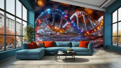 Digital illustration of colorful DNA with liquid drops on a spiral chromosome against a bright background. Wall mural