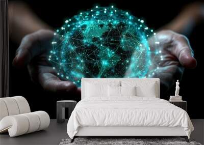 Digital technology background with human hands holding a virtual earth and global network connection, an AI robot hand on a digital globe or planet Earth for futuristic concepts. Wall mural