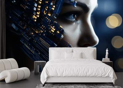 Eu ai regulation  cybernetic face encircled by stars emblematic of digital legislation Wall mural