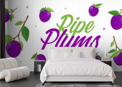 Ripe violet or lilac plums on branches with green leaves. Cartoon vector illustration of fresh fruits on white background for leaflets, flyers, banners, posters, decor or print design Wall mural