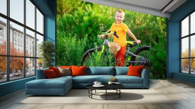 happy baby boy in orange clothes sitting on a Bicycle in the green grass in summer Wall mural