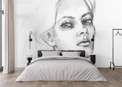 The girl pencil drawing. A charcoal drawing. Black-and-white portrait of a girl. Fashion. Beautiful portrait of a girl. Wall mural