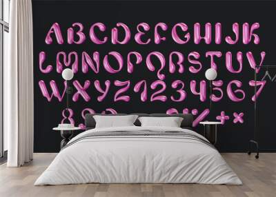 3D Aesthetic Pink Alphabet. Glossy font in Y2k groovy retro style. Trendy liquid bubble script. Realistic rendering English letters and numbers. Balloon typeface abc. Vector illustration Wall mural