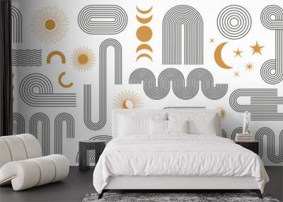 Abstract boho aesthetic geometric shape set. Contemporary mid century line design with sun and moon phases trendy bohemian style. Modern vector illustration Wall mural