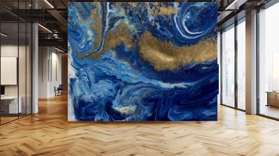 marbled blue and golden abstract background. liquid marble pattern Wall mural