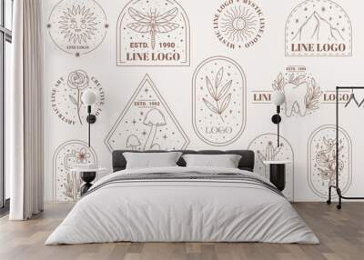 Boho mystic doodle esoteric logo set. Magic line art icon with moth, key, sun, cactus, moon Wall mural