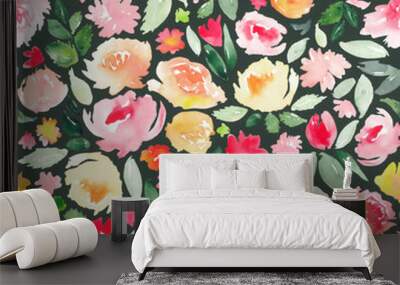 Seamless watercolor floral pattern in yellow, pink and orange on green. All over abstract botanical print. Wall mural