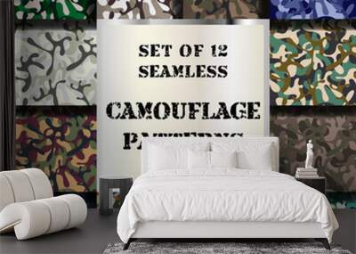 Set of 12 seamless camouflage patterns. Vector collection of classic woodland, navy, desert & arctic seamless camo backgrounds.  Wall mural