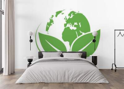 Green planet logo. Environment symbol. Eco earth icon. Vector illustration. Wall mural