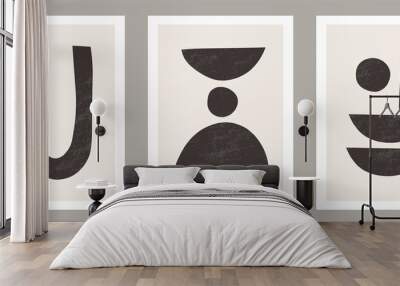 Set of 3 boho art prints, Minimal black shapes on beige Wall mural