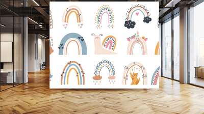 Set of cute hand draw rainbow, sun, cloud, star, weather in boho style. Cartoon doodle clipart elements for nursery. Design for shower invitation card, birthday, children's party, book cover, poster Wall mural