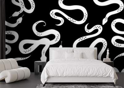 Seamless pattern with various snakes or serpents on black background. Botanical background on tropical theme. Black and white snake. Flat design for fabric, textile, wrapping paper, wallpaper. Wall mural