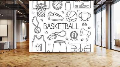 Basketball doodle set. Basketball basket, sport wear, ball, winner cup, medal in sketch style.  Hand drawn vector illustration isolated on white background Wall mural