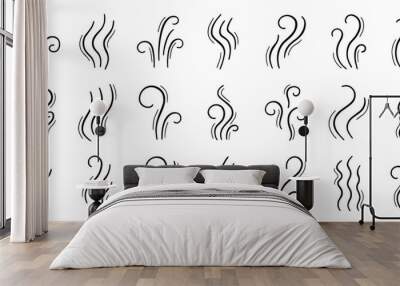 Fire steam doodle set. Line smoke, aroma, smell, waves from food and beverages in sketch style. Hand drawn vector illustration isolated on white background Wall mural