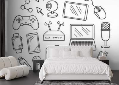 Gadgets doodle set. Keyboard, headphones, computer mouse, watch, in sketch style. Hand drawn vector illustration isolated on white background Wall mural