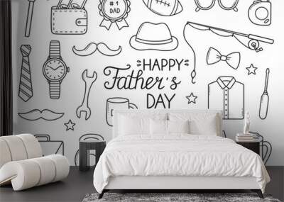 Happy Father's day doodle set. Tie, mustache, hat, hammer, glasses, watch in sketch style. Hand drawn vector illustration isolated on white background Wall mural