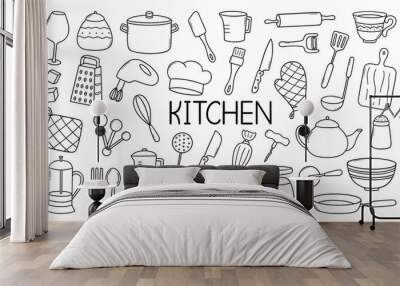 Kitchen tools doodle set. Cooking utensil in sketch style. Hand drawn vector illustration isolated on white background Wall mural