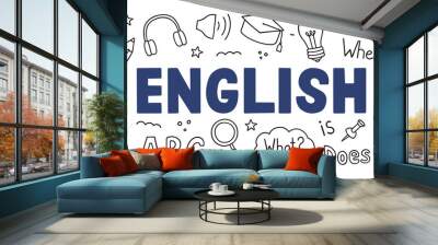 Learning English doodle set. Language school in sketch style. Online language education course. Hand drawn vector illustration isolated on white background Wall mural