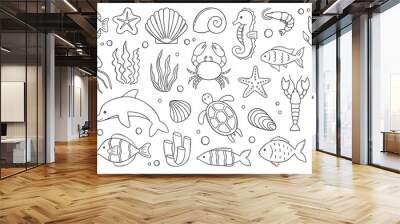 Sea life doodle set. Marine life elements. Sea animals, fish, shrimp, algae, corals, turtle, dolphin in sketch style. Hand drawn vector illustration isolated on white background Wall mural