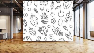 Seamless pattern of Berries doodle. Strawberries, raspberries, gooseberry, blueberries, cherry, blackberries in sketch style.  Vector illustration Wall mural