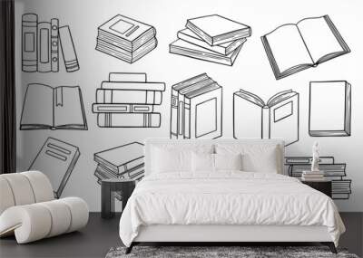 Set of Library books doodle.  Stack of books,open and closed books in sketch style. Hand drawn vector illustration isolated on white background. Wall mural