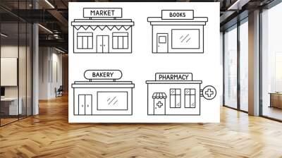 Shops and stores doodle icon set. Ecommerce market, retail shop, bakery, sweets, pharmacy in sketch style. Hand drawn vector illustration isolated on white background Wall mural