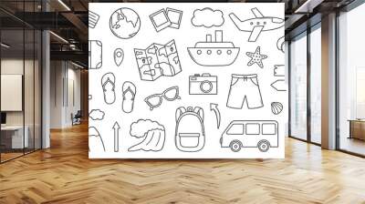 Travel doodle set. Summer vacation, tourism elements in sketch style: bag, ticket, transport, camera, map. Summer Adventure. Hand drawn vector illustration isolated on white background Wall mural