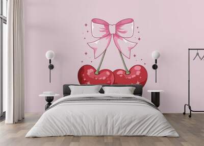 cute coquette style illustration of cherries in heart shape with bow Wall mural