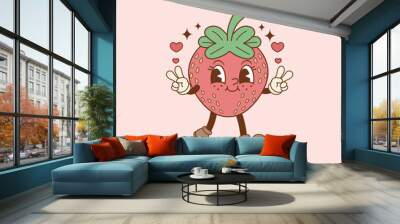 cute retro illustration of strawberry walking and smiling Wall mural