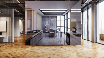 3d rendering,3d illustration, Interior Scene and  Mockup,kitchen and dining room interior 3d rendering,modern style,decorated with wood and stone materials. Wall mural