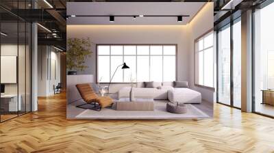 3d rendering,3d illustration, Interior Scene and  Mockup,Living room, white L-shaped sofa and crib in brown, orange, white, black, light wood center table. Wall mural