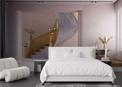 3d rendering,3d illustration, Interior Scene and  Mockup,The corner of the stairs in modern style is decorated with mirrors, tea gold, gray marble and natural wood. Wall mural