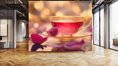 A delicate cup of rose tea surrounded by scattered petals, glimmering softly in warm, ambient light. Wall mural