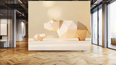 A trio of geometric, sparkling animals resembling a hippo and two smaller figures, set against a soft, luminous background. Wall mural