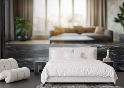 blank black marble tabletop counter on a Defocused living room Background with copy space Wall mural